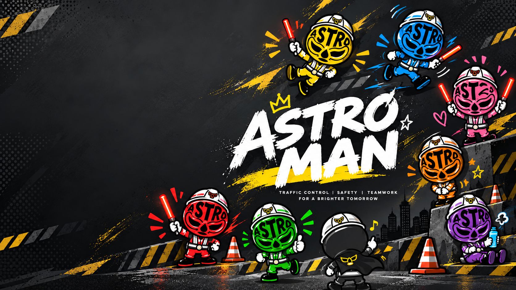 誘導灯を持ったASTRO MANたちが工事現場で活躍するイラスト