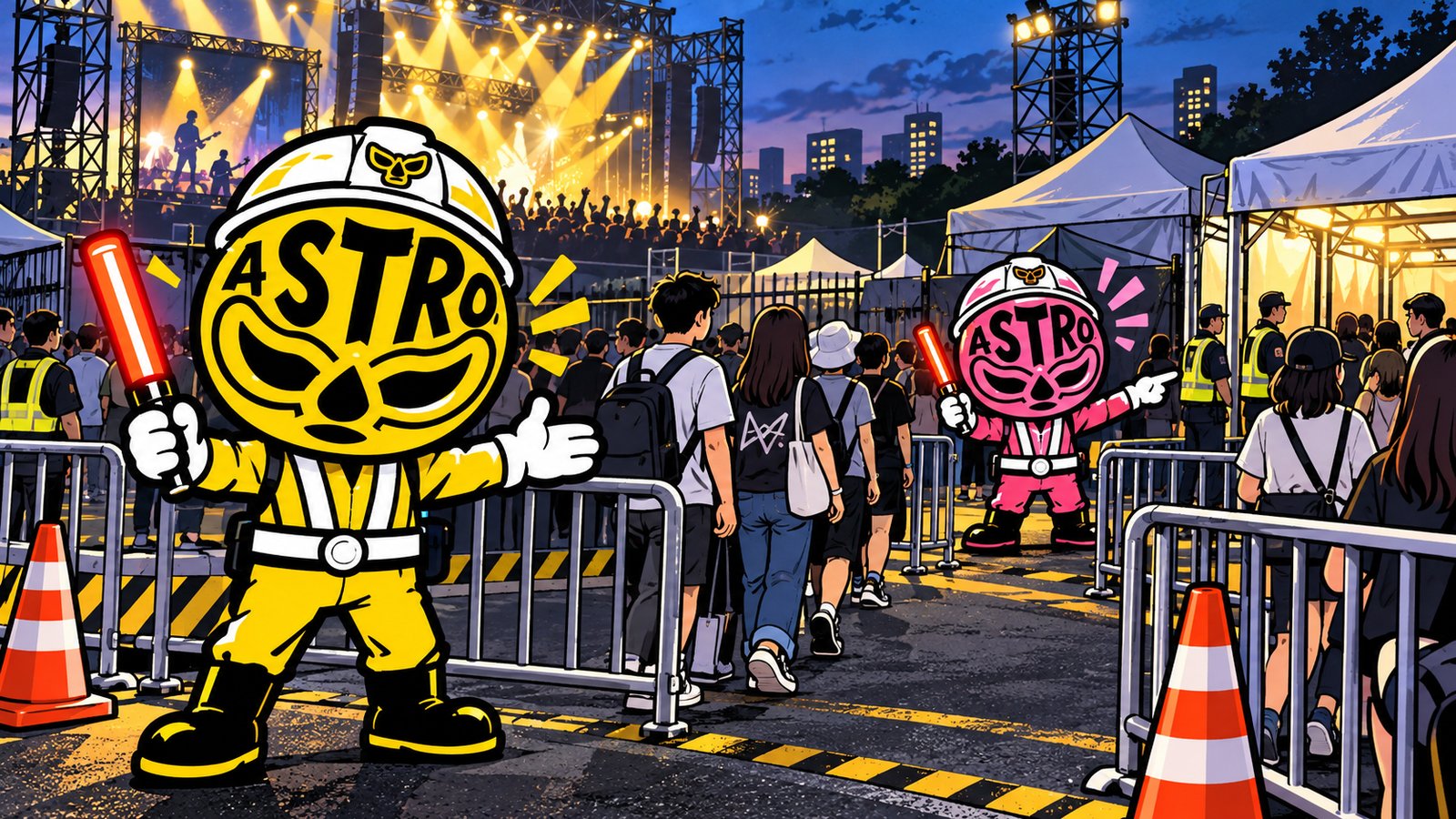 野外ライブ会場の入口で、誘導灯を持ったASTRO MANが来場者の列を案内しているイラスト