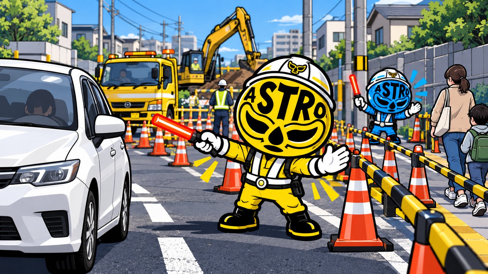 住宅街の道路工事の現場で、誘導灯を持ったASTRO MANが車両と歩行者を誘導しているイラスト